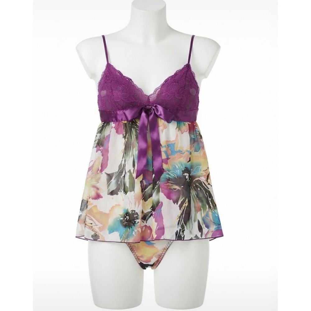 Inner Secrets Purple Floral Chiffon Lace Babydoll Chemise Thong Set M NWT